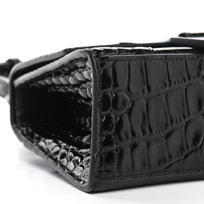 Balenciaga Shiny Calfskin Monochrome Crocodile Embossed Hourglass Top Handle Bag XS Black 10 of 11
