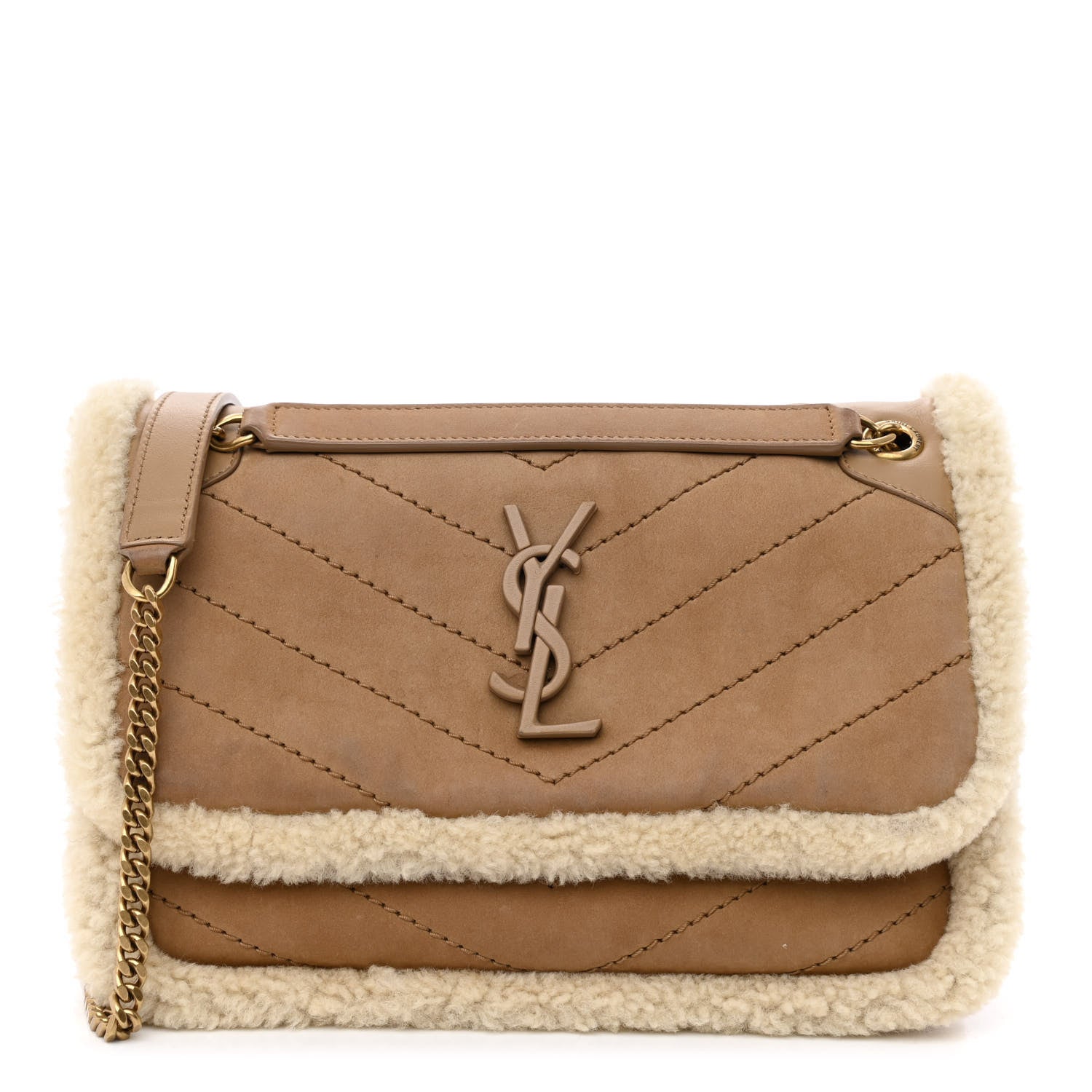 Saint Laurent Nubuck Shearling Monogram Baby Niki Chain Satchel Ivory Natural Tan 1 of 11