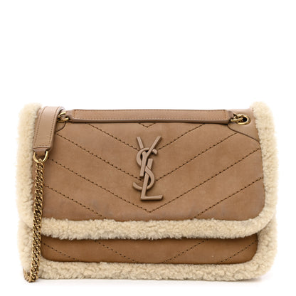 Saint Laurent Nubuck Shearling Monogram Baby Niki Chain Satchel Ivory Natural Tan 1 of 11