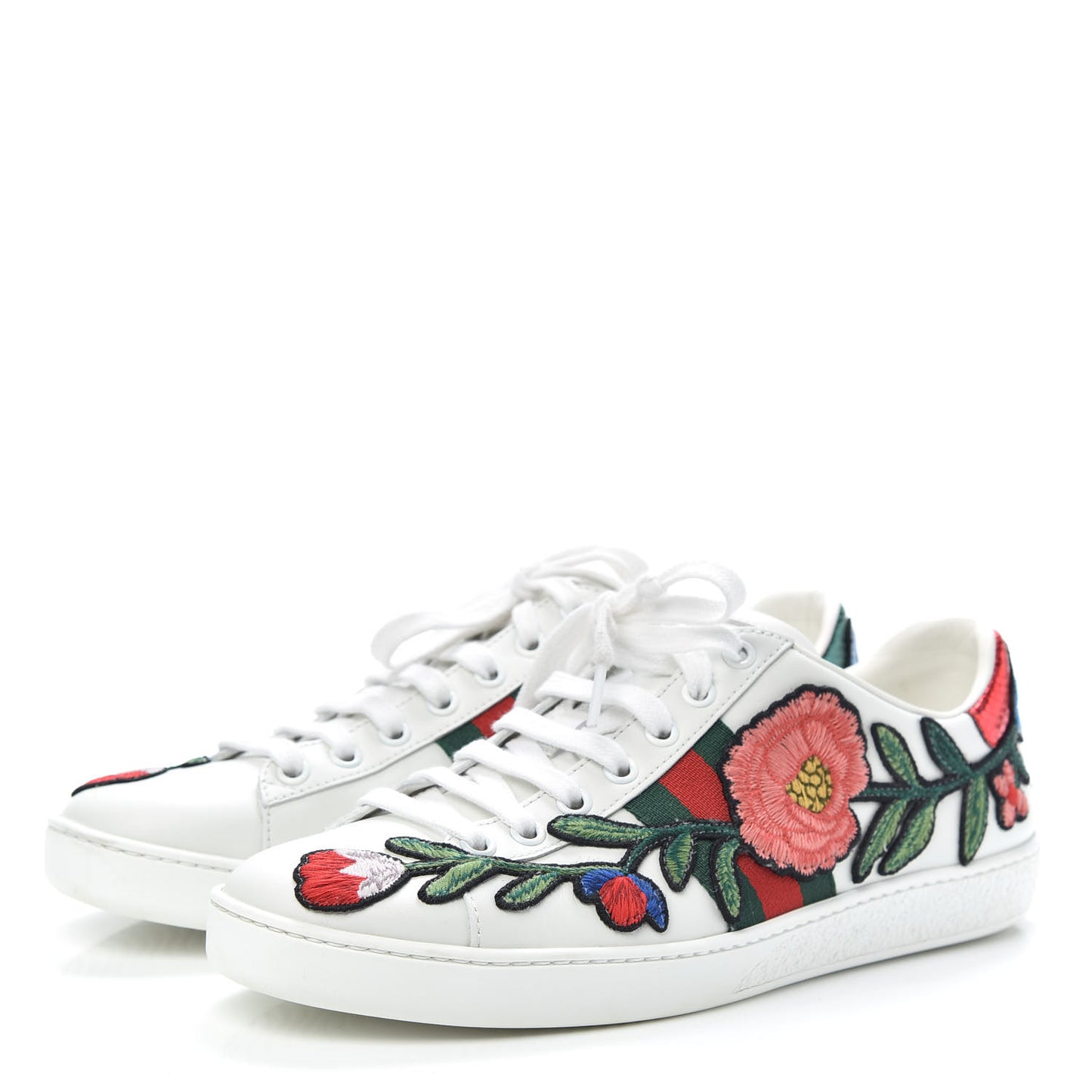 Calfskin Web Floral Embroidered Womens Ace Sneakers 37.5 White