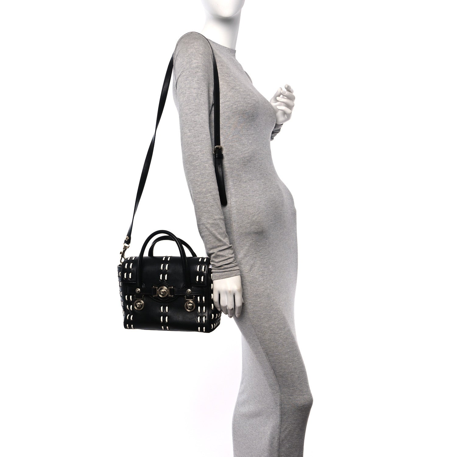 Versace Vitello Calfskin Signature Tote Black White 2 of 11