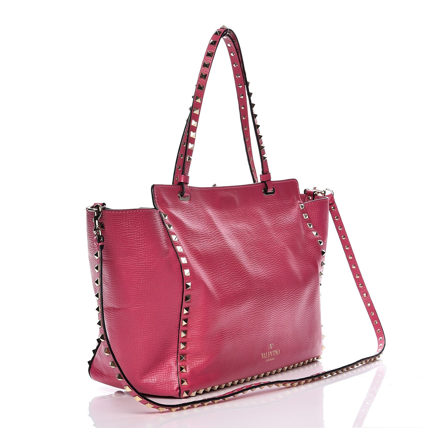Valentino Garavani Textured Calfskin Medium Rockstud Tote Pop Fuxia 4 of 13