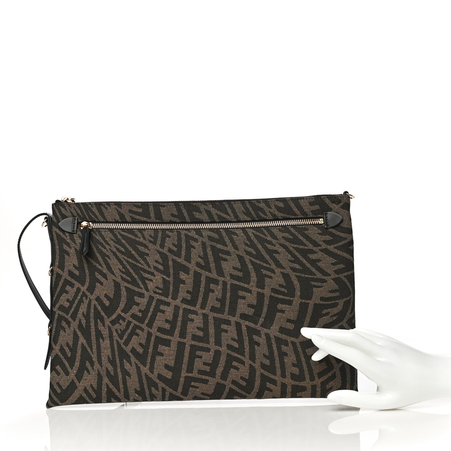 X SARAH COLEMAN Fabric Jacquard Vitello King FF Vertigo Pochette Tobacco Moro Black