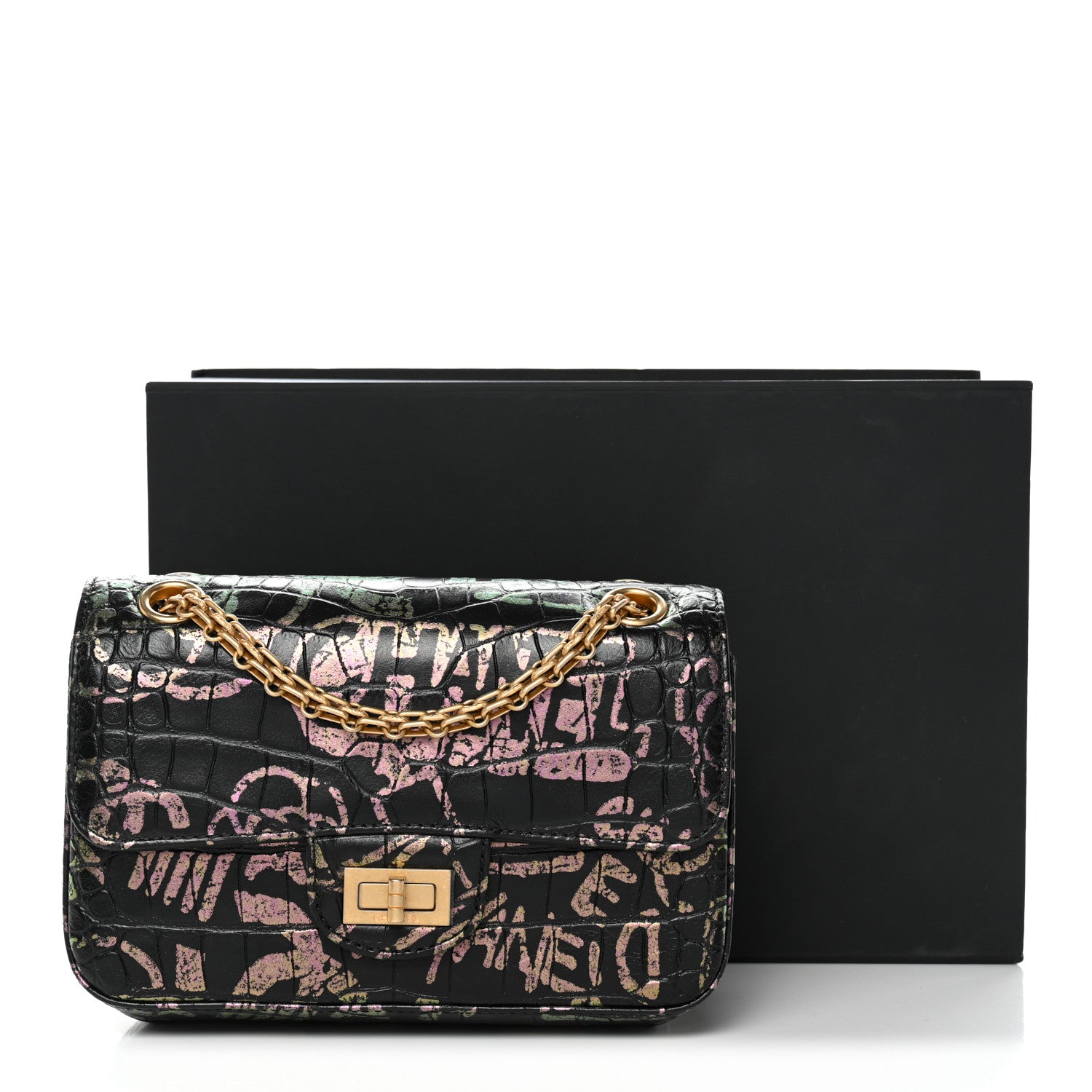 Chanel Calfskin Crocodile Embossed Graffiti 2.55 Mini Cocodile Reissue Flap Black Pink 11 of 11
