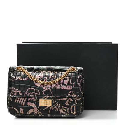 Chanel Calfskin Crocodile Embossed Graffiti 2.55 Mini Cocodile Reissue Flap Black Pink 11 of 11