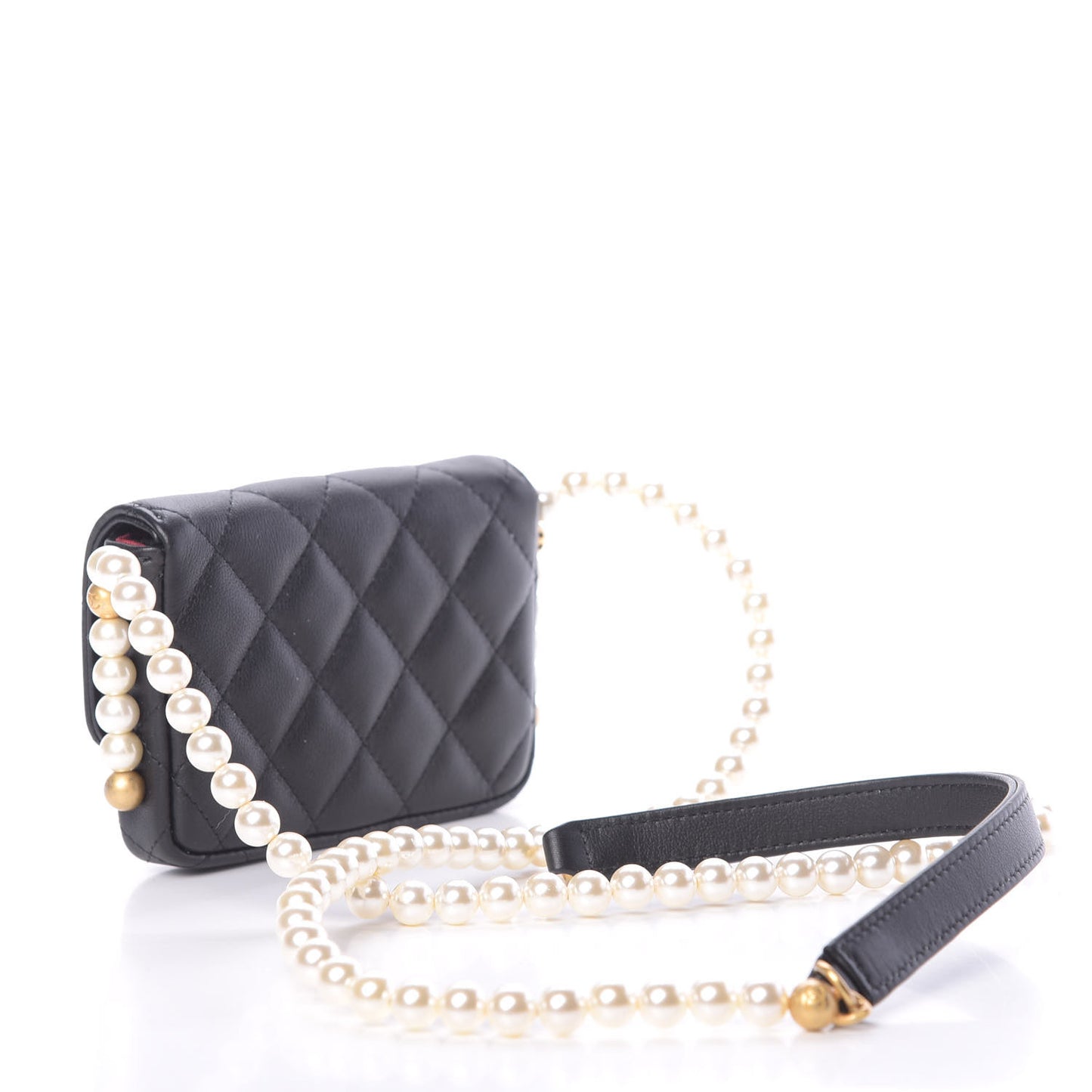 Calfskin Quilted About Pearls Card Holder Flap With Chain Black