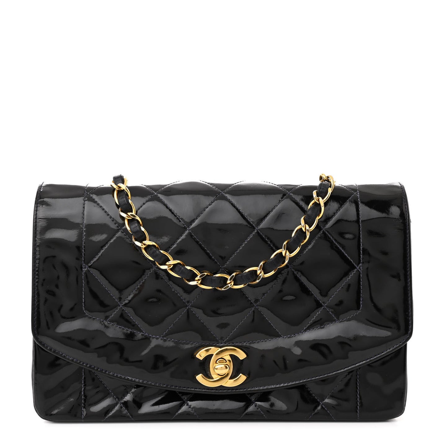 Patent Lambskin Quilted Small Single Flap Navy