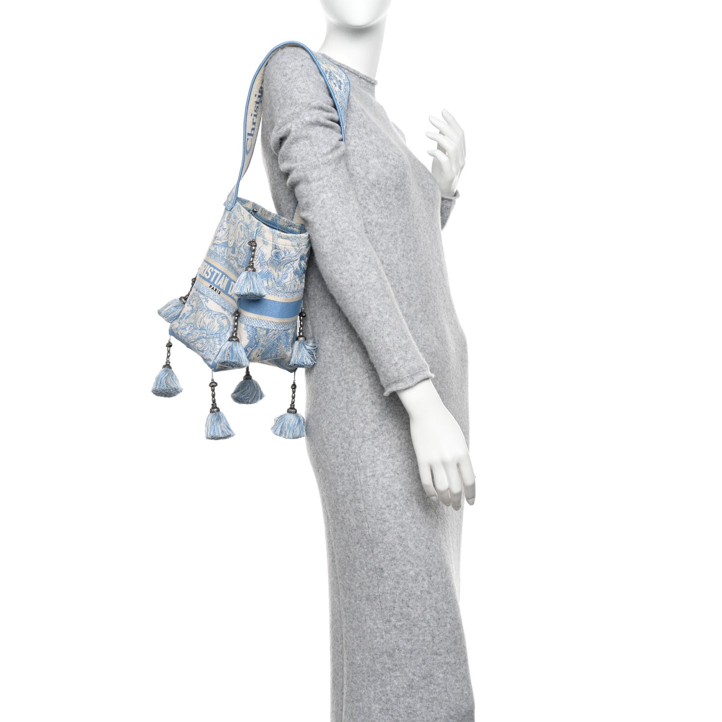Canvas Reverse Embroidered Toile De Jouy D-Bubble Bucket Bag Blue