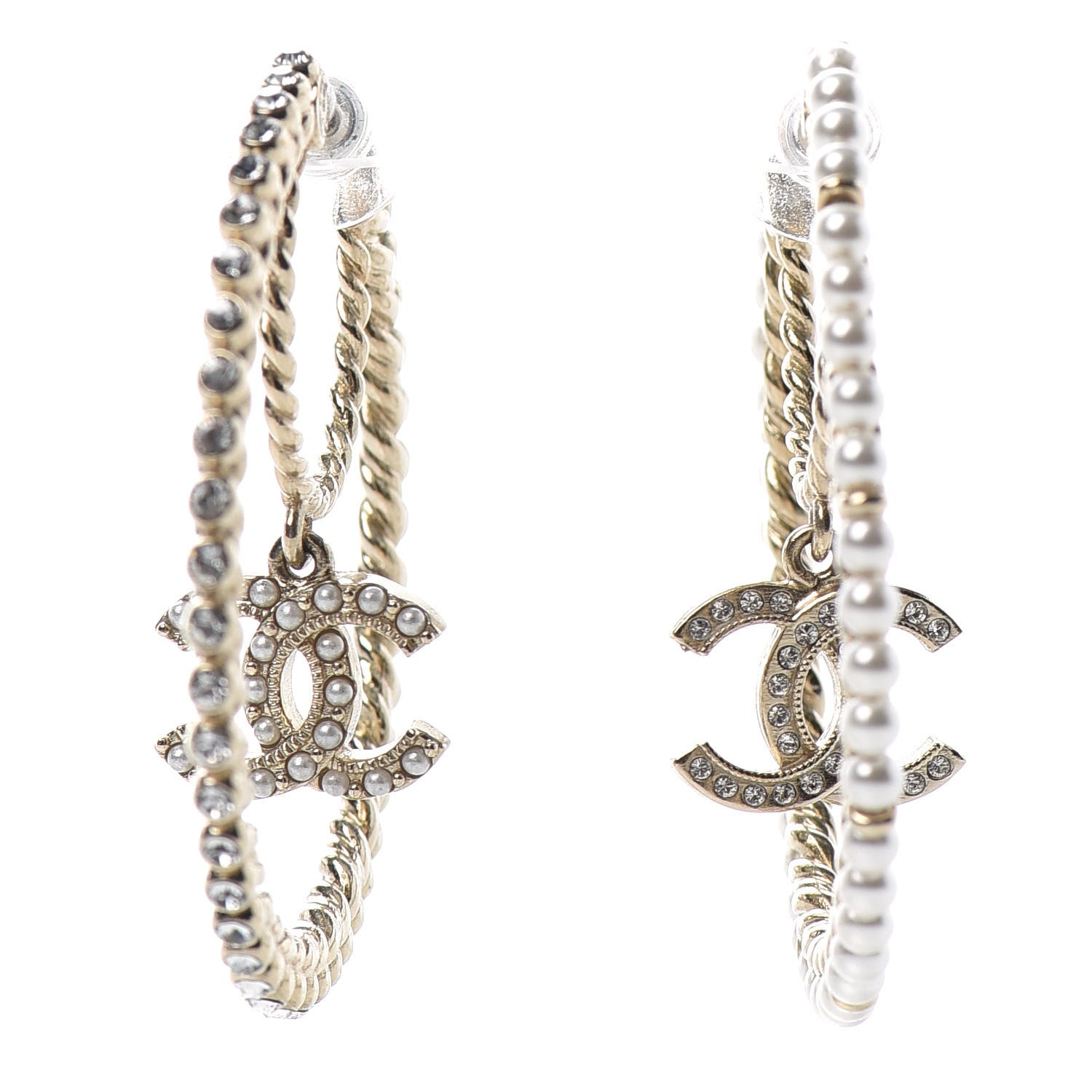 Chanel Crystal Pearl CC Drop Hoop Earrings Gold Pearly White 1 of 5