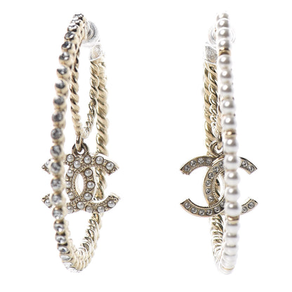 Chanel Crystal Pearl CC Drop Hoop Earrings Gold Pearly White 1 of 5