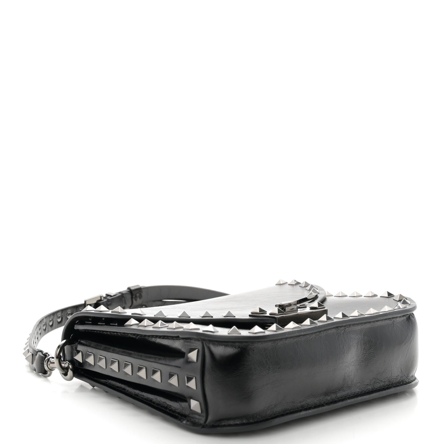 Craquele Calfskin Rockstud Shoulder Flap Messenger Bag Black