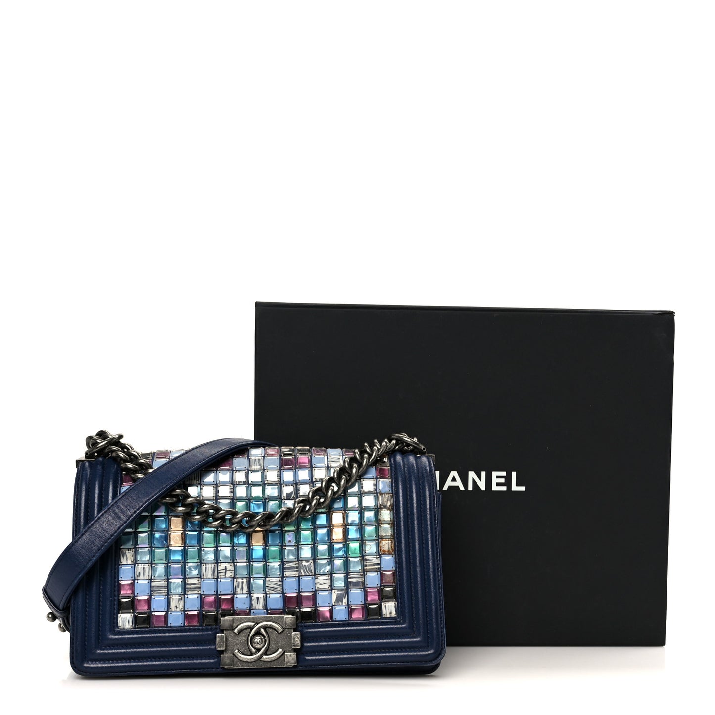 Lambskin Tile Medium Mosaic Boy Flap Navy Multicolor