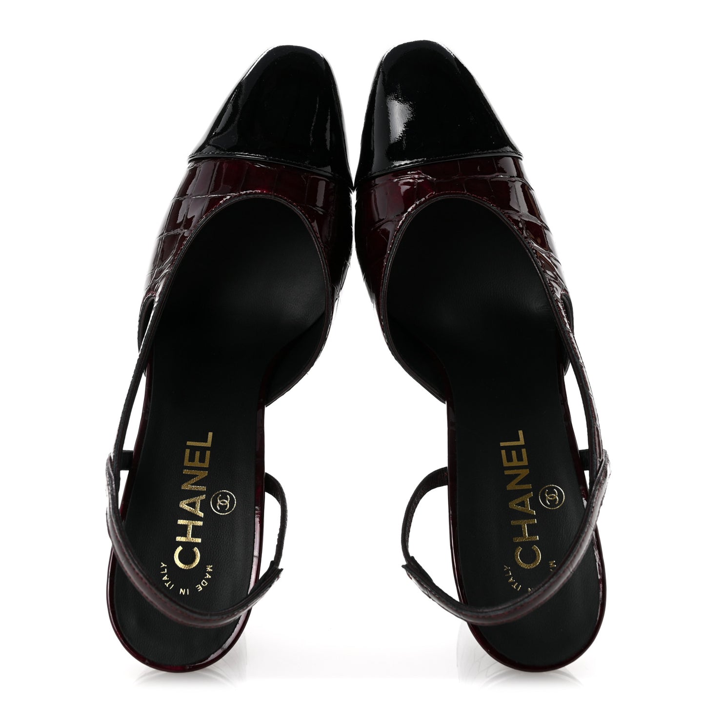 Patent Calfskin Crocodile Embossed Cap Toe CC Slingback Sandals 39 Dark Burgundy Black