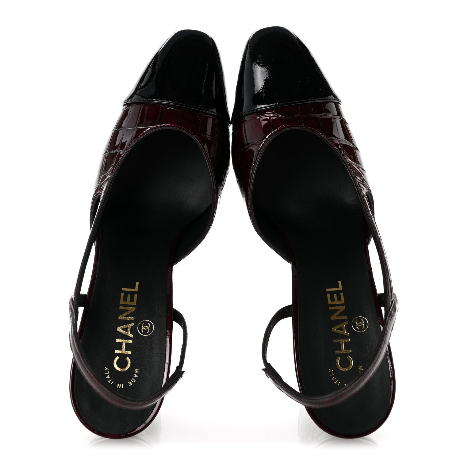 Chanel Patent Calfskin Crocodile Embossed Cap Toe CC Slingback Sandals 39 Dark Burgundy Black 2 of 10