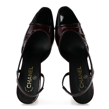 Chanel Patent Calfskin Crocodile Embossed Cap Toe CC Slingback Sandals 39 Dark Burgundy Black 2 of 10
