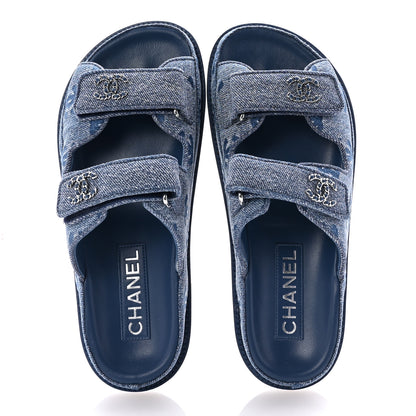 Chanel Denim CC Velcro Dad Chain CC Slide Sandals 36 Blue 2 of 10