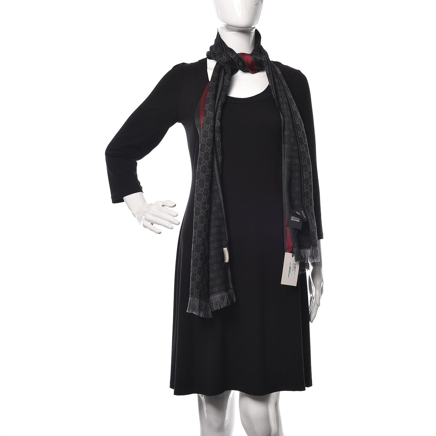 Wool Silk GG Monogram Web Verbier Fringe Scarf Black