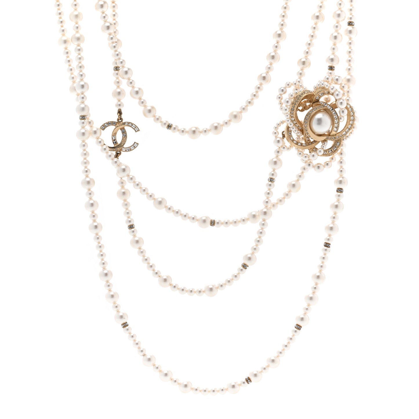Pearl Crystal CC Camellia Multi Strand Necklace Gold White