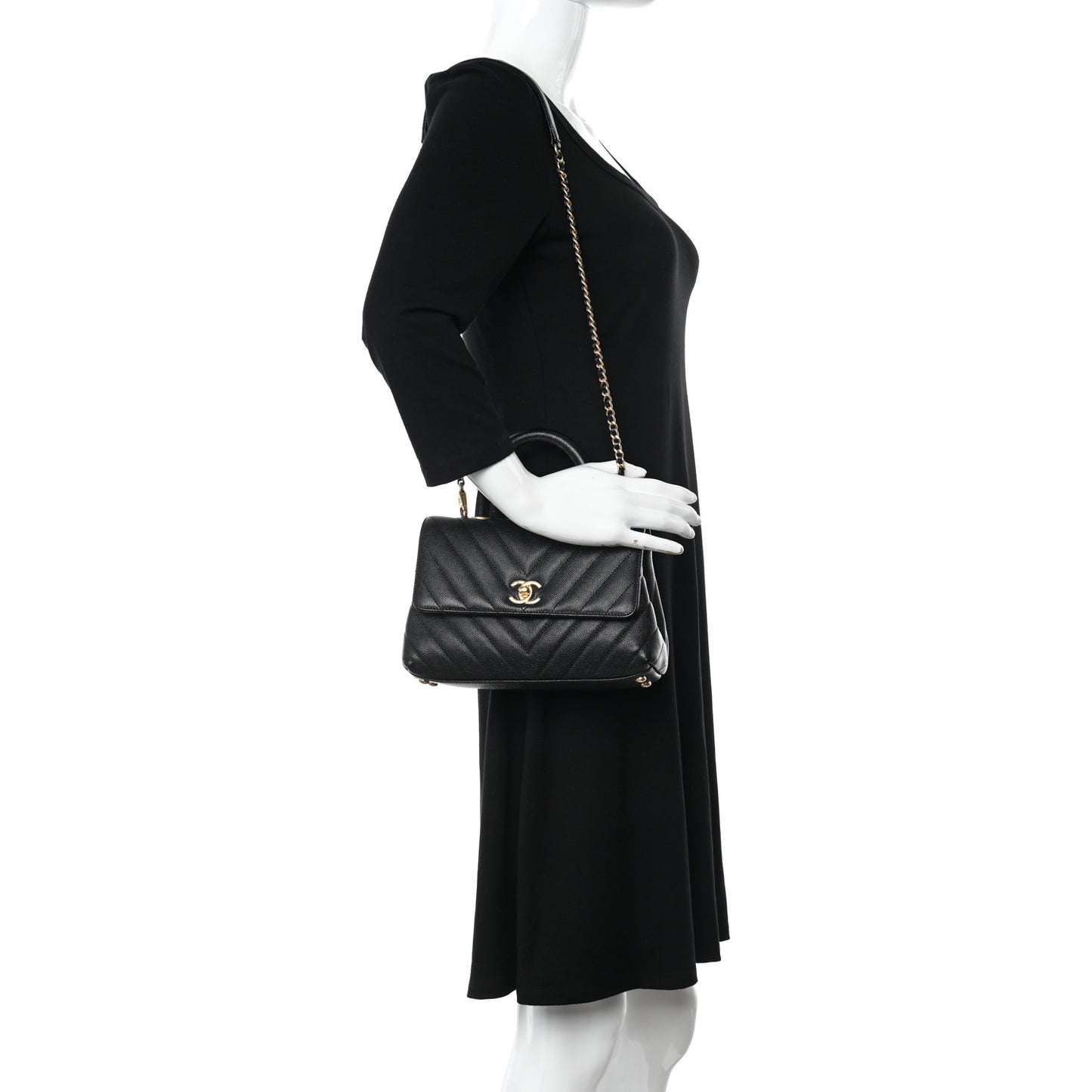 Caviar Chevron Quilted Mini Coco Handle Flap Black