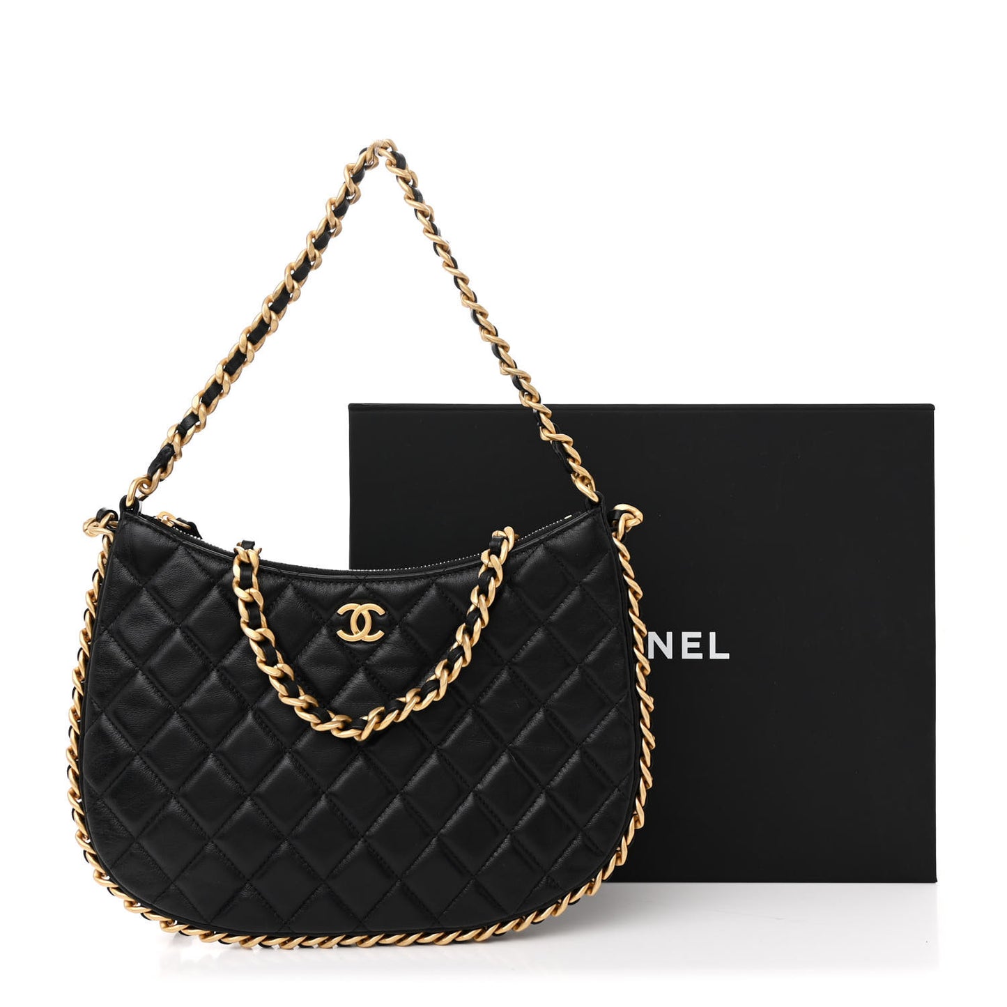 Shiny Crumpled Lambskin Quilted Large Trendy Chain Around Hobo Black
