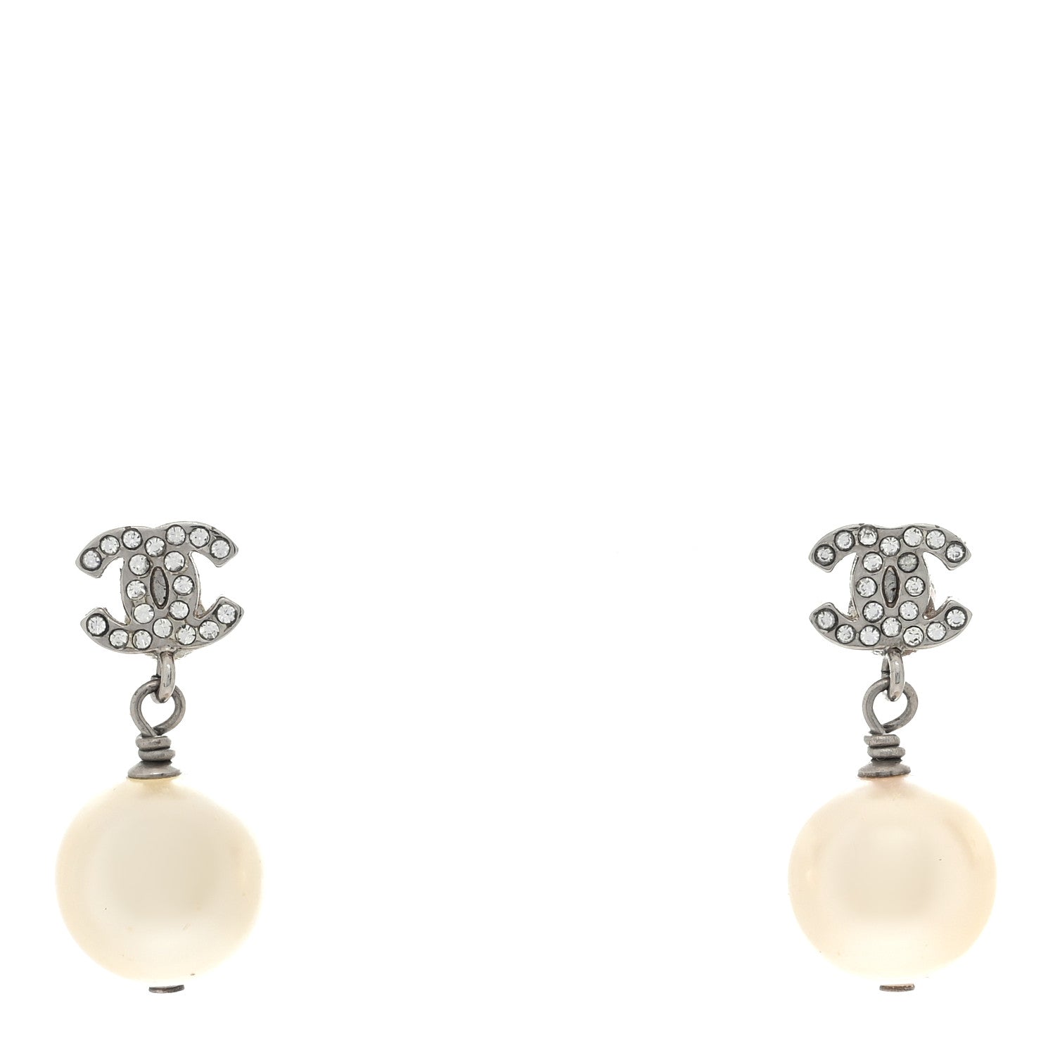 Chanel Crystal Pearl CC Drop Earrings Silver Pearly White 1 of 4