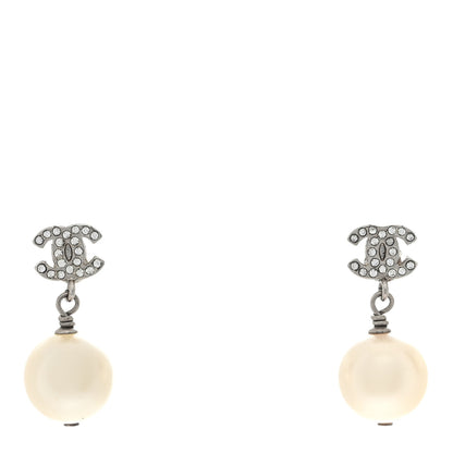 Chanel Crystal Pearl CC Drop Earrings Silver Pearly White 1 of 4
