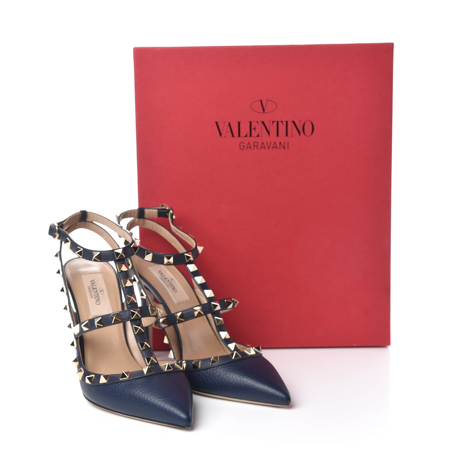 Pebbled Calfskin Rockstud Ankle Strap Pumps 37.5 Marine