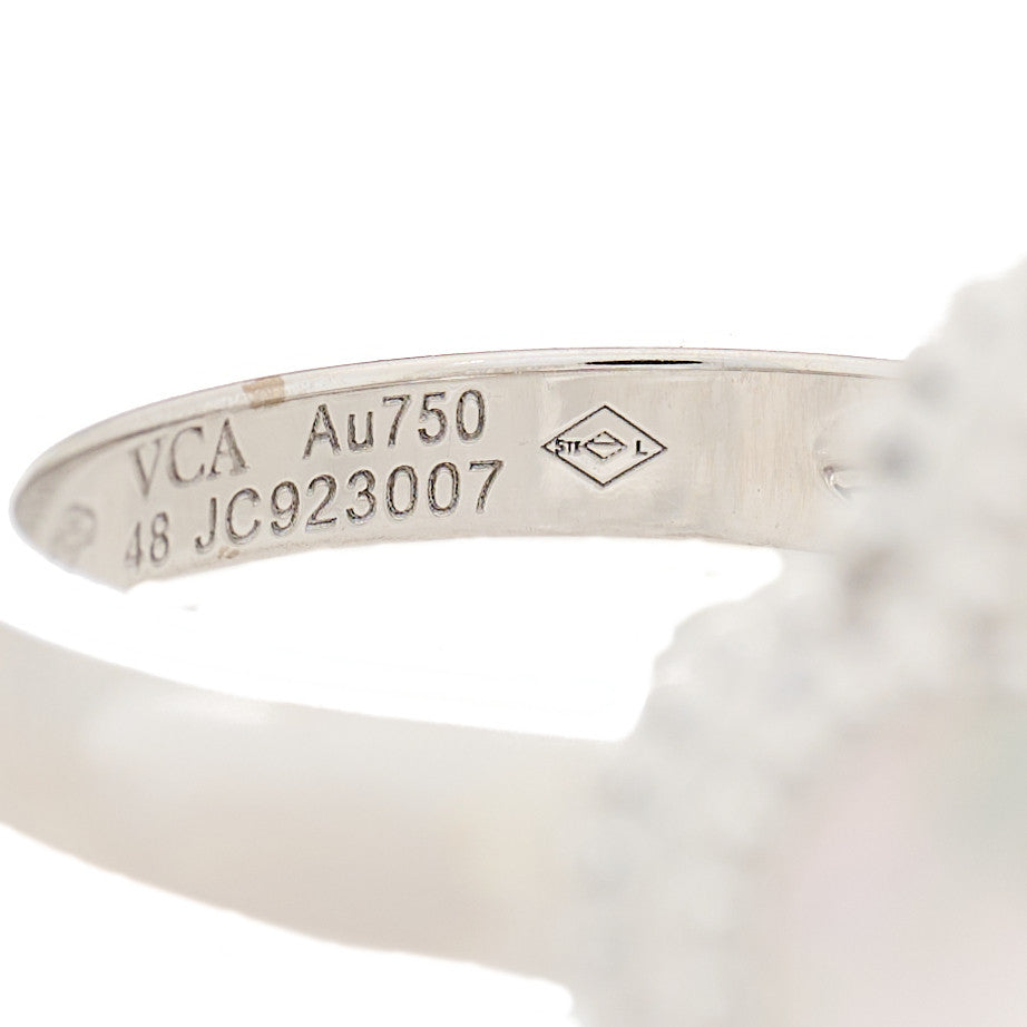 18K White Gold Diamond Mother of Pearl Vintage Alhambra Ring 48 4.5