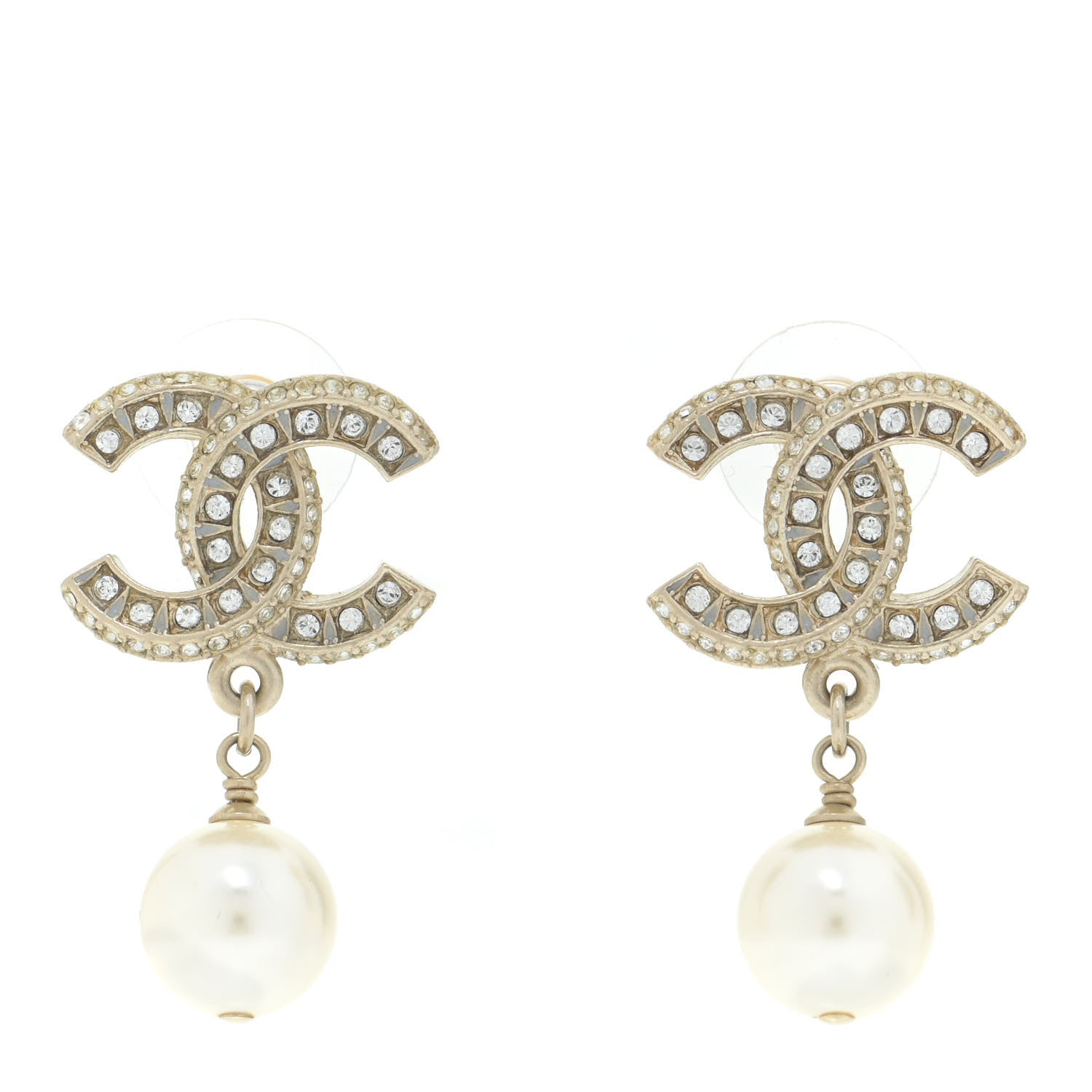 Chanel Crystal Pearl CC Drop Earrings Gold 1 of 5