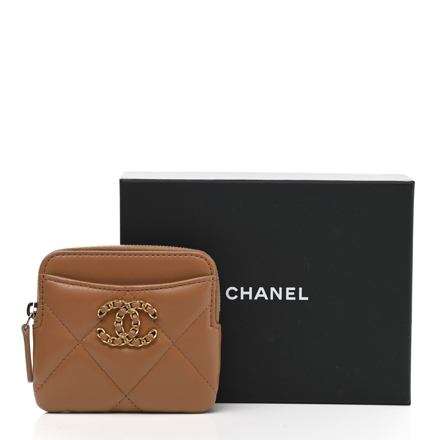 Lambskin Quilted Chanel 19 Zip Card Holder Wallet Brown