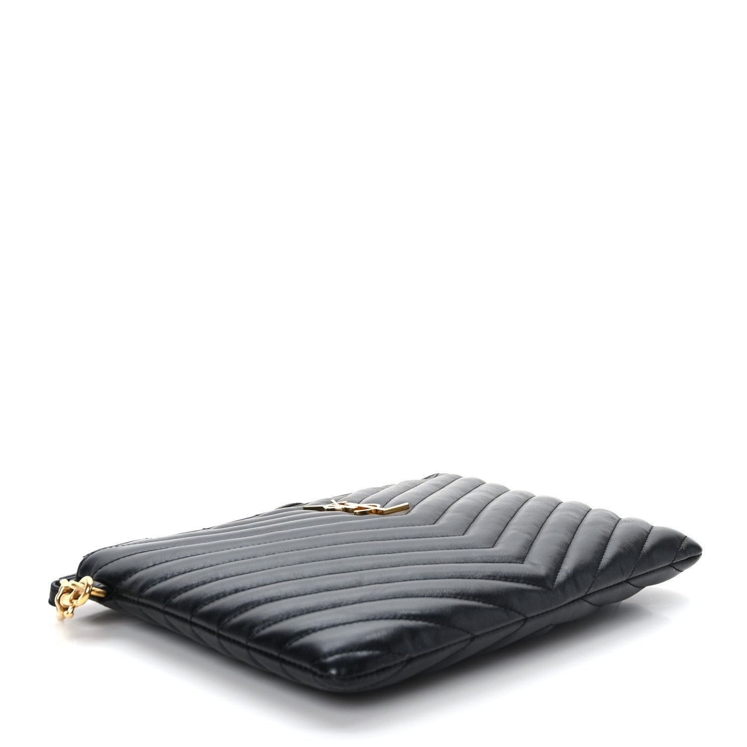 SAINT LAURENT Calfskin Matelasse Chevron Monogram A5 Wristlet in the color Black by FASHIONPHILE