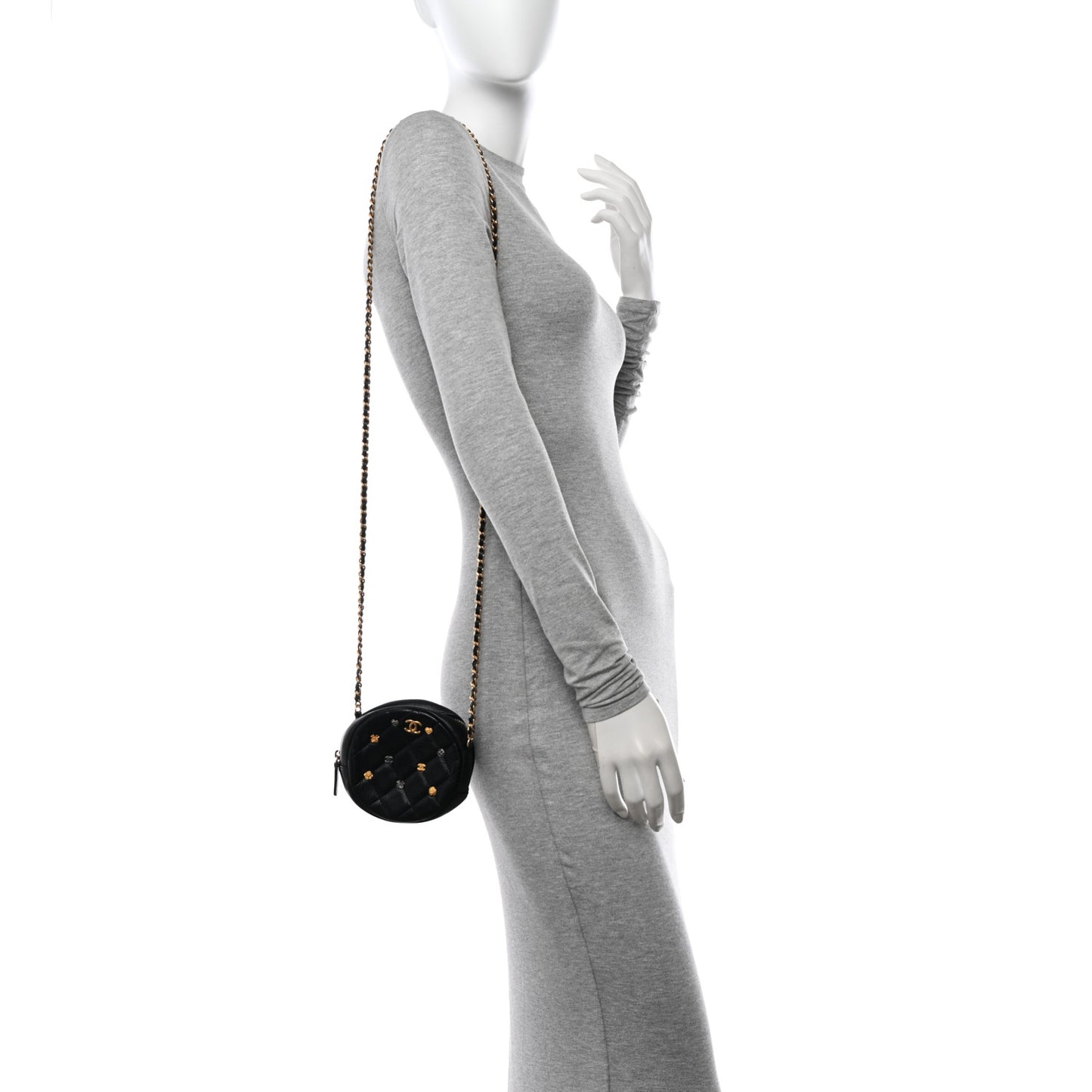 Lambskin Quilted Studded Round Clutch With Chain Black
