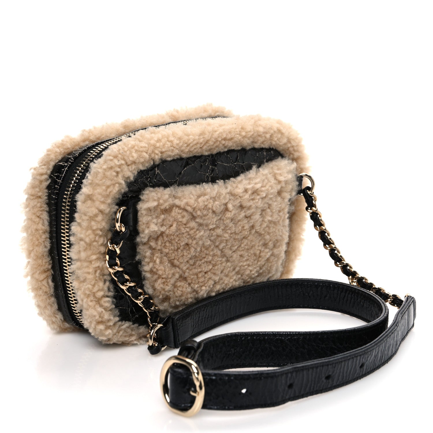 Chanel Shiny Crumpled Sheepskin Shearling Waist Bag Black Beige 2 of 9