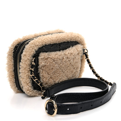 Chanel Shiny Crumpled Sheepskin Shearling Waist Bag Black Beige 2 of 9