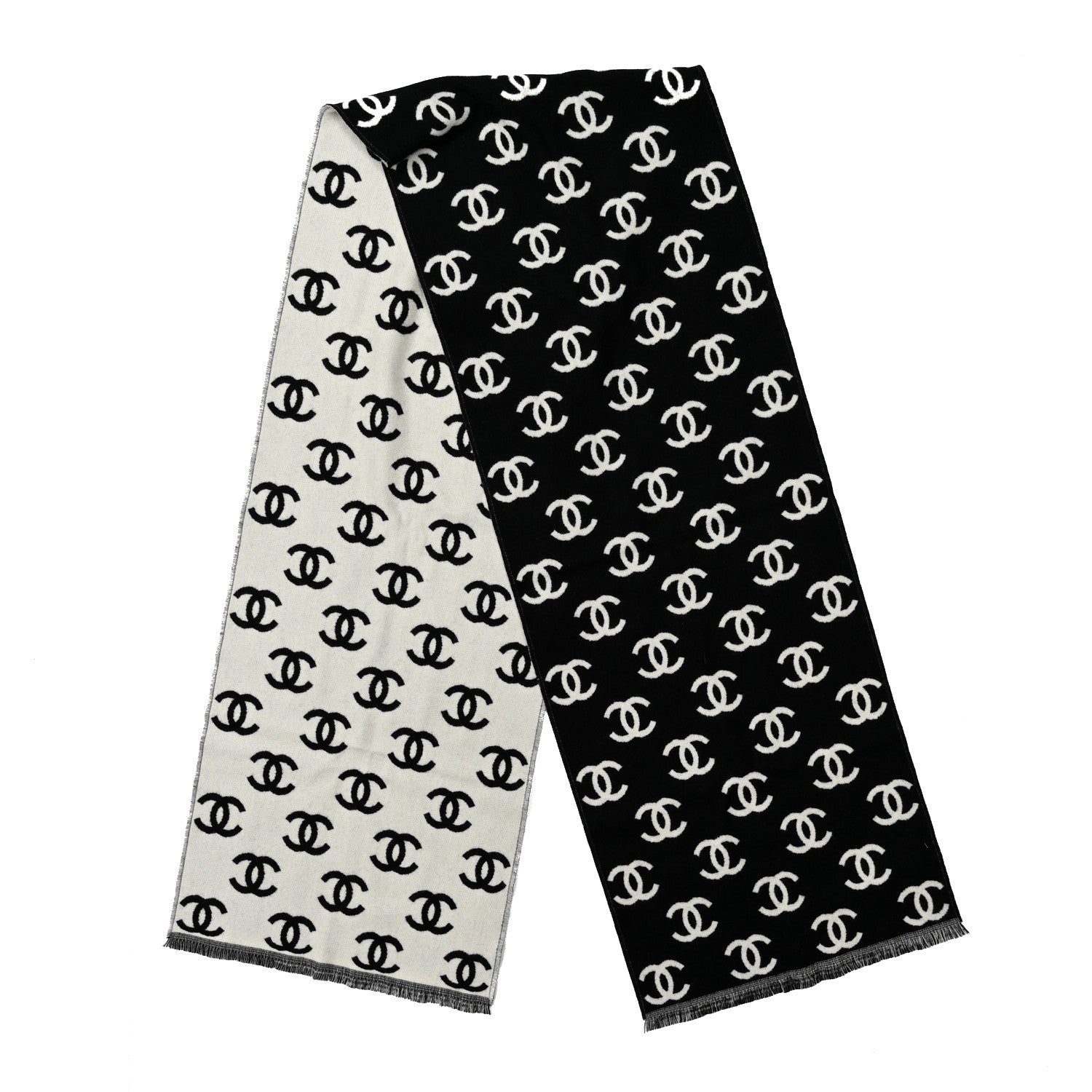 Chanel Wool Cashmere CC Scarf Black White 2 of 3