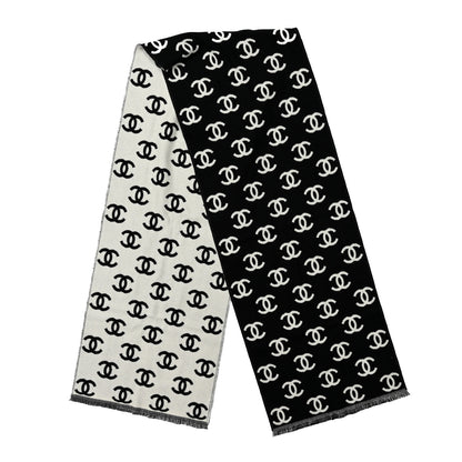 Chanel Wool Cashmere CC Scarf Black White 2 of 3