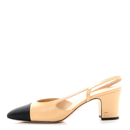 Chanel Goatskin Grosgrain Cap Toe CC Slingback Pumps 40 Beige Black 1 of 10