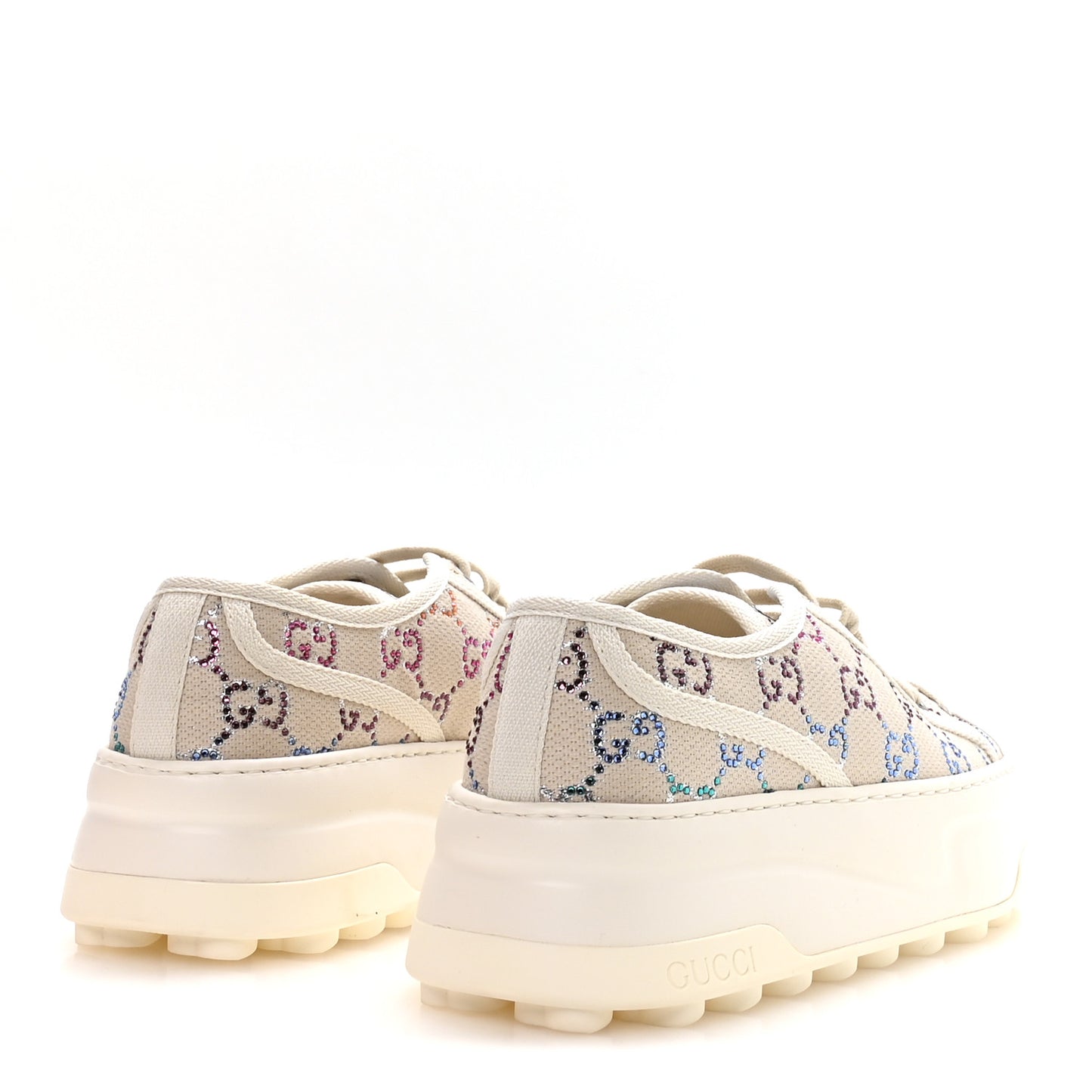 Canvas Lame Crystal GG Monogram Womens 1977 Tennis Platform 52mm Sneakers 38 Gardenia Silver Mystic White