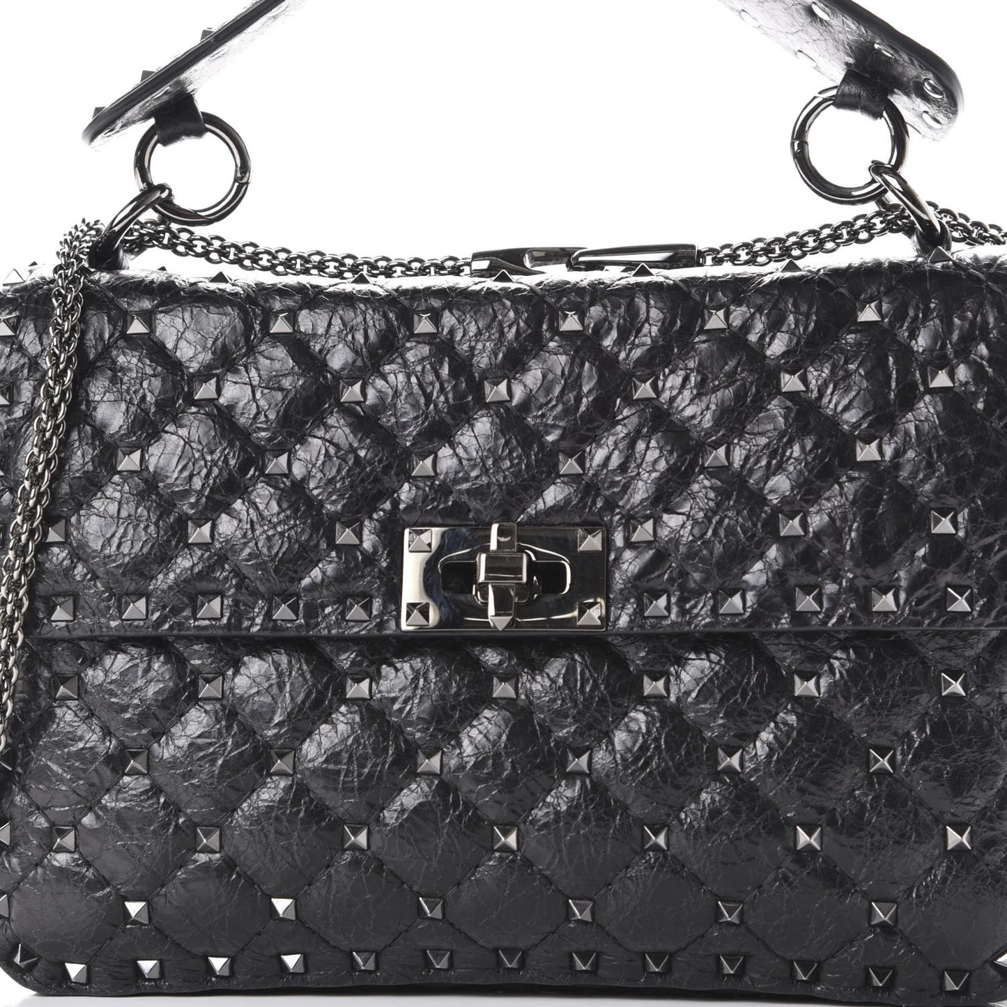 Craquele Nappa Medium Rockstud Spike Shoulder Bag Black
