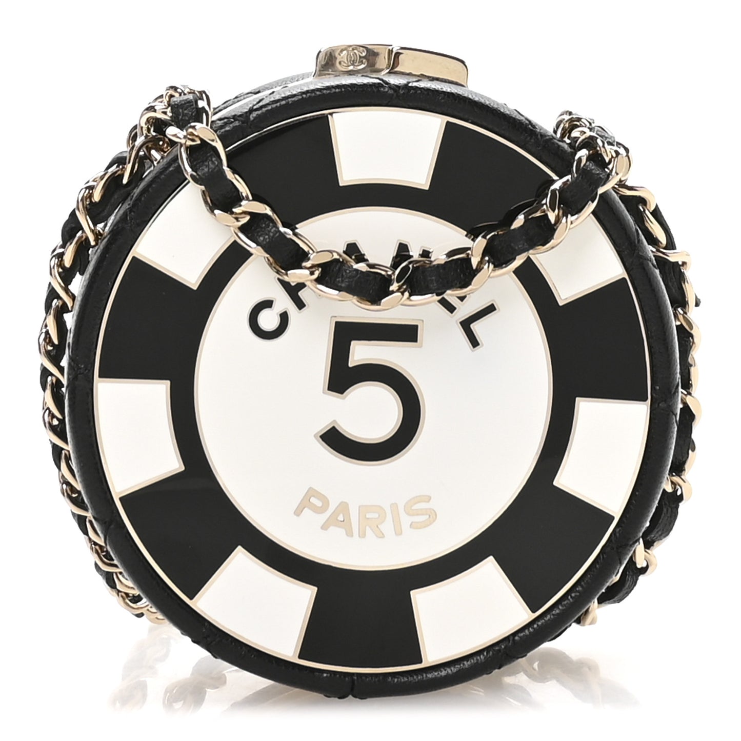 Lambskin Enamel Quilted Round Poker Chip Clutch With Chain Black White