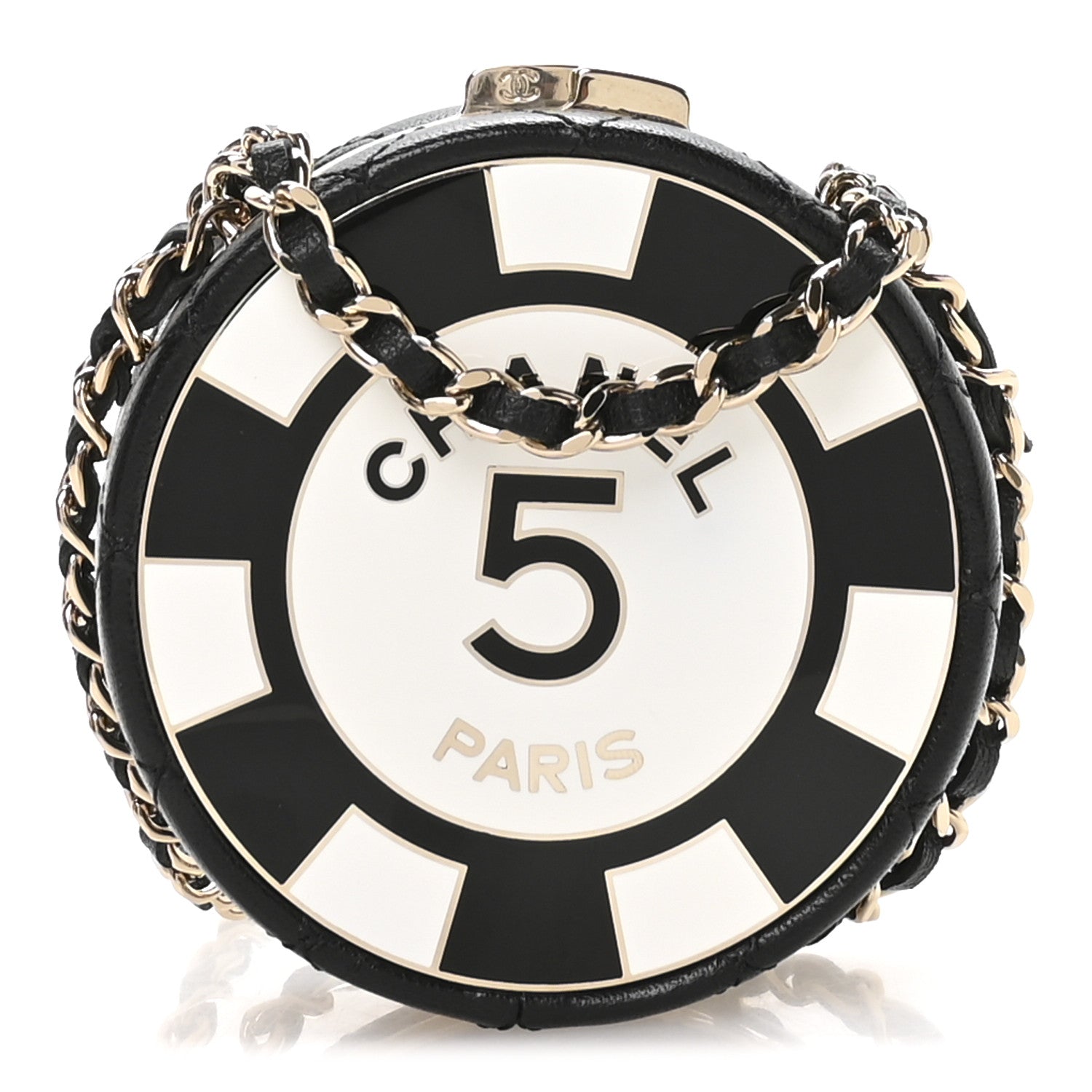 Chanel Lambskin Enamel Quilted Round Poker Chip Clutch With Chain Black White 1 of 10