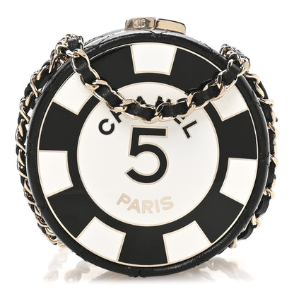Chanel Lambskin Enamel Quilted Round Poker Chip Clutch With Chain Black White 1 of 10