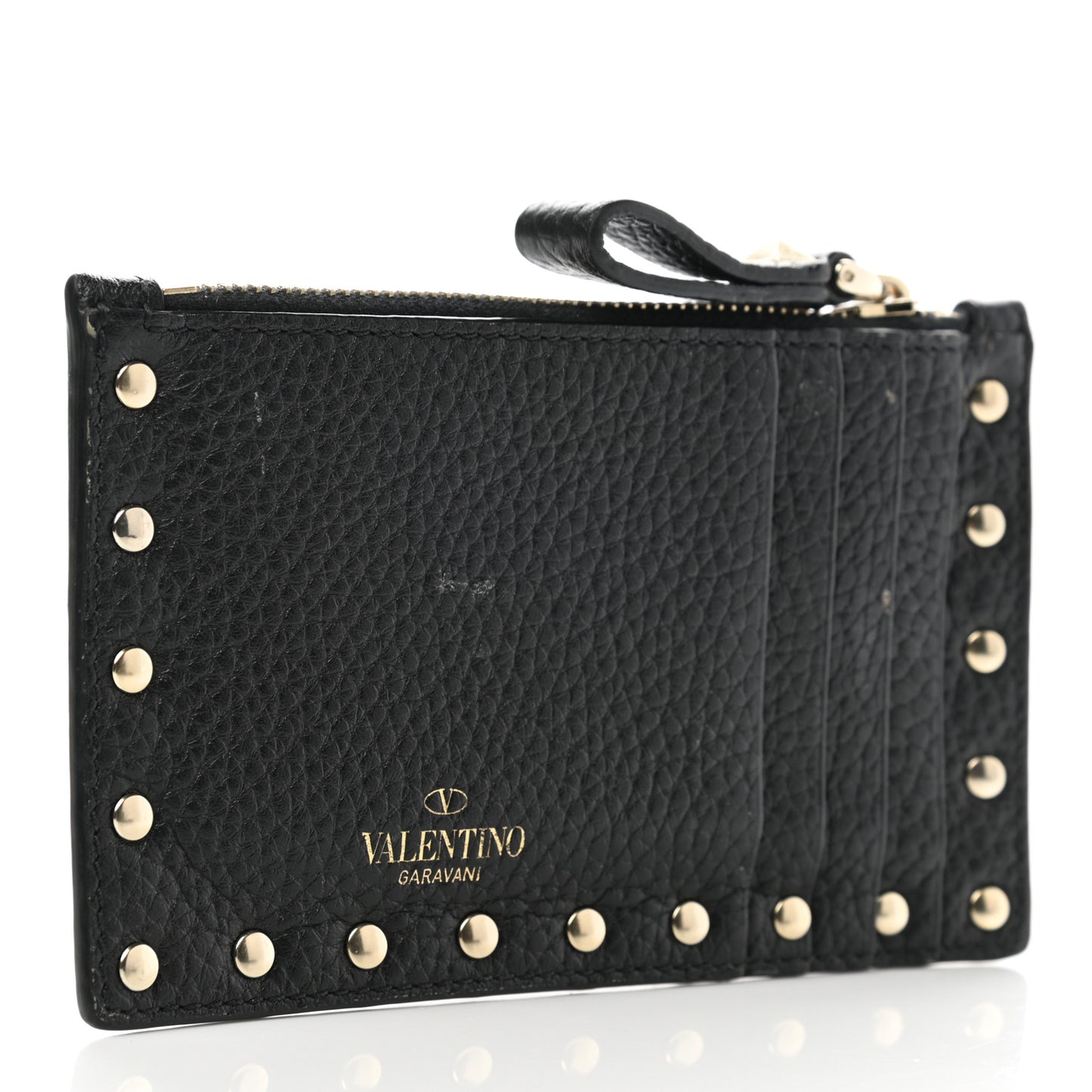 Pebbled Calfskin Rockstud Coin Case Card Holder Black