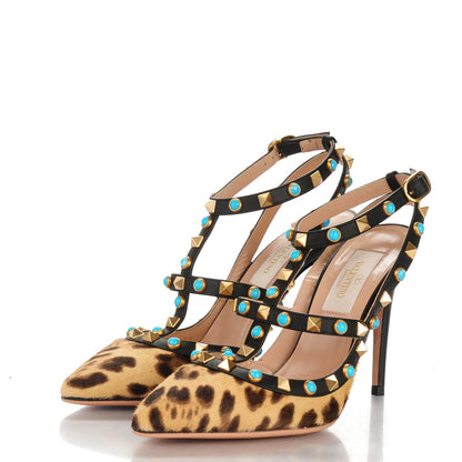 Valentino Garavani Calf Hair Leopard Print Rockstud Rolling Ankle Strap Pumps 35 Champagne Testa di Moro 3 of 7