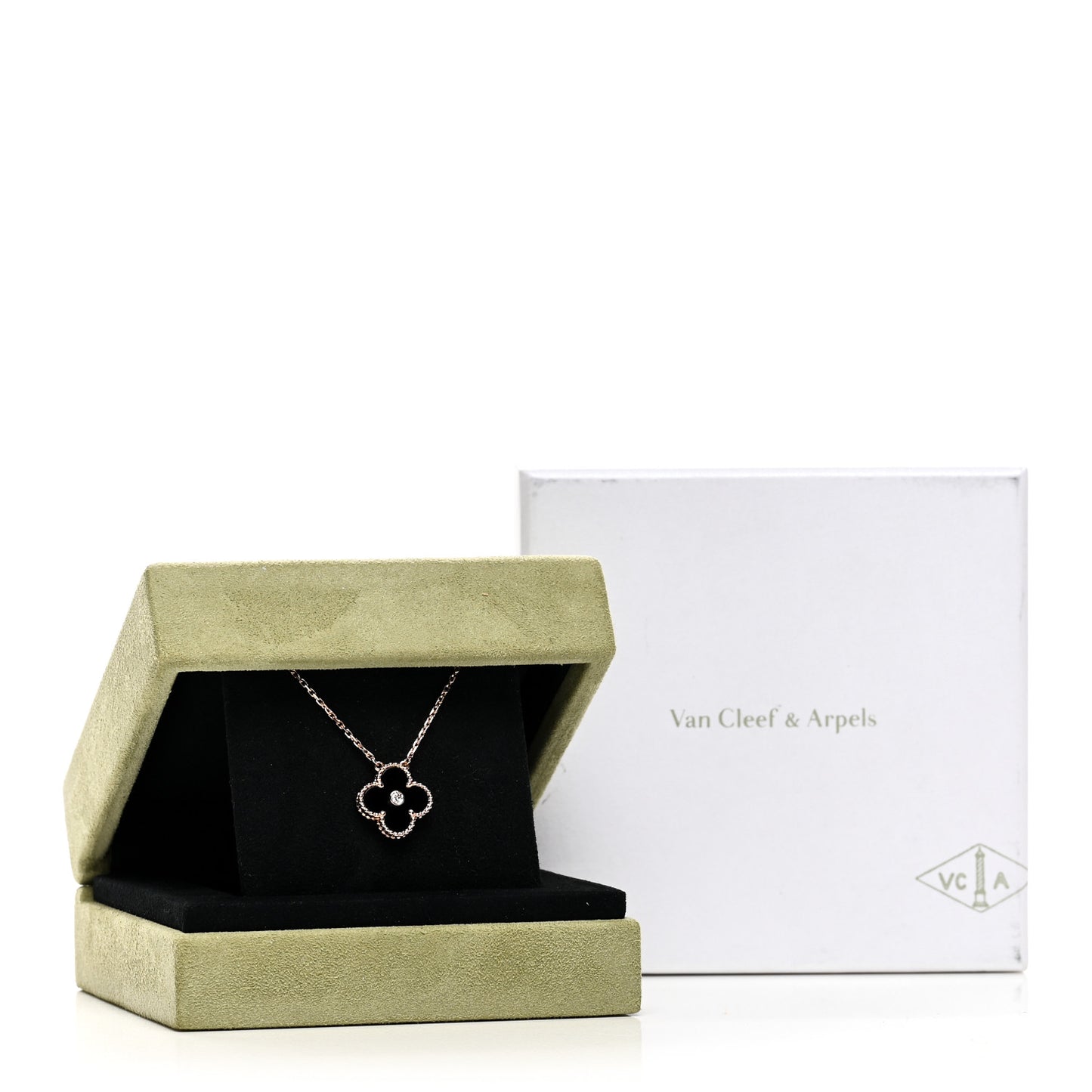 18K Rose Gold Diamond Black Onyx Vintage Alhambra Pendant Necklace