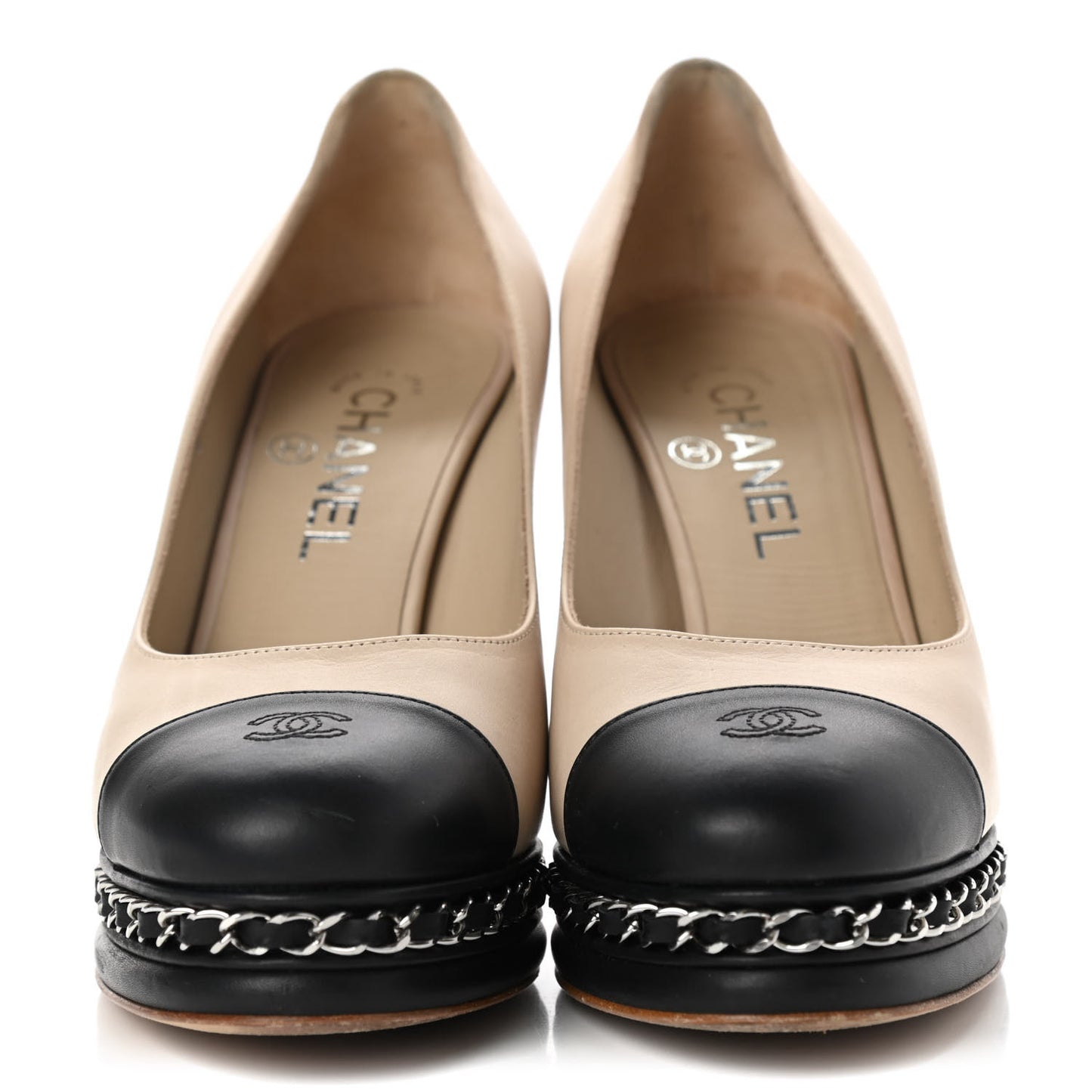 Calfskin CC Cap Toe Platform Chain Pumps 37.5 Beige Black