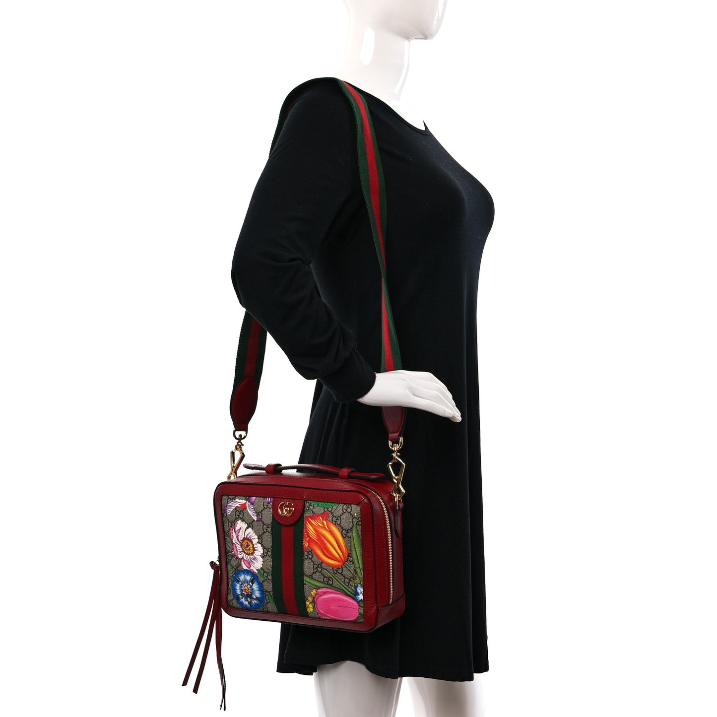 GG Supreme Monogram Flora Web Small Ophidia Top Handle Shoulder Bag Hibiscus Red