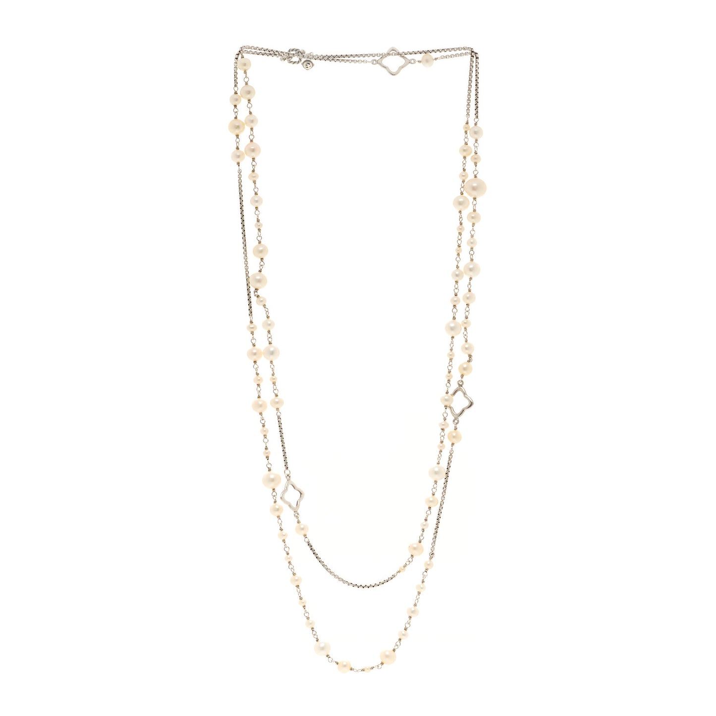 Sterling Silver Cultured Pearl Quatrefoil Long Chain Necklace