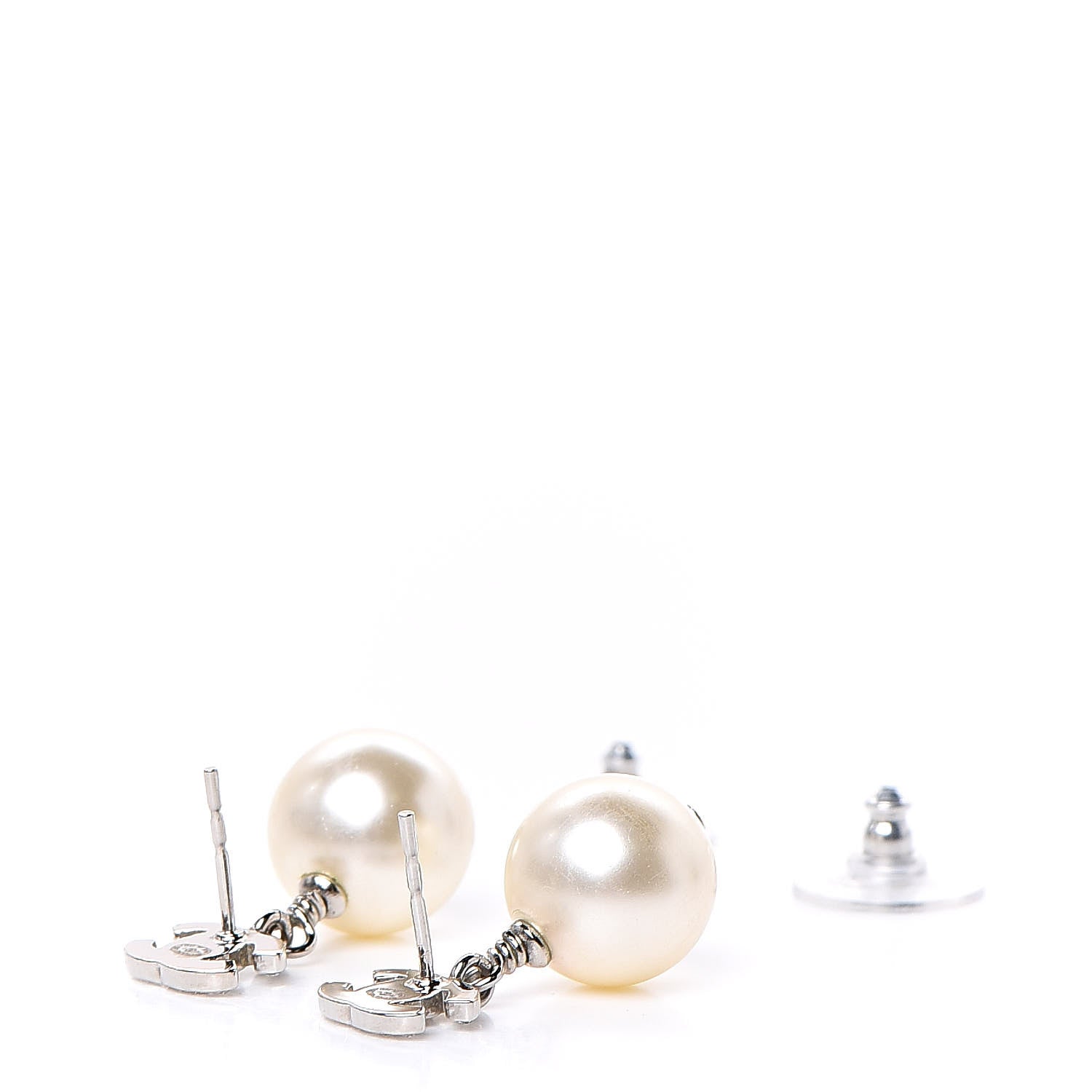 Chanel Crystal Pearl CC Drop Earrings Silver Pearly White 4 of 5