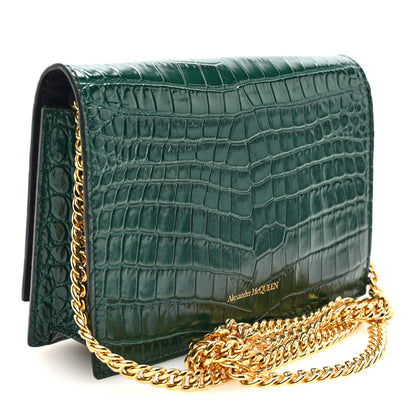 Alexander McQueen Calfskin Crocodile Embossed Skull Mini Crossbody Bag Green 3 of 9